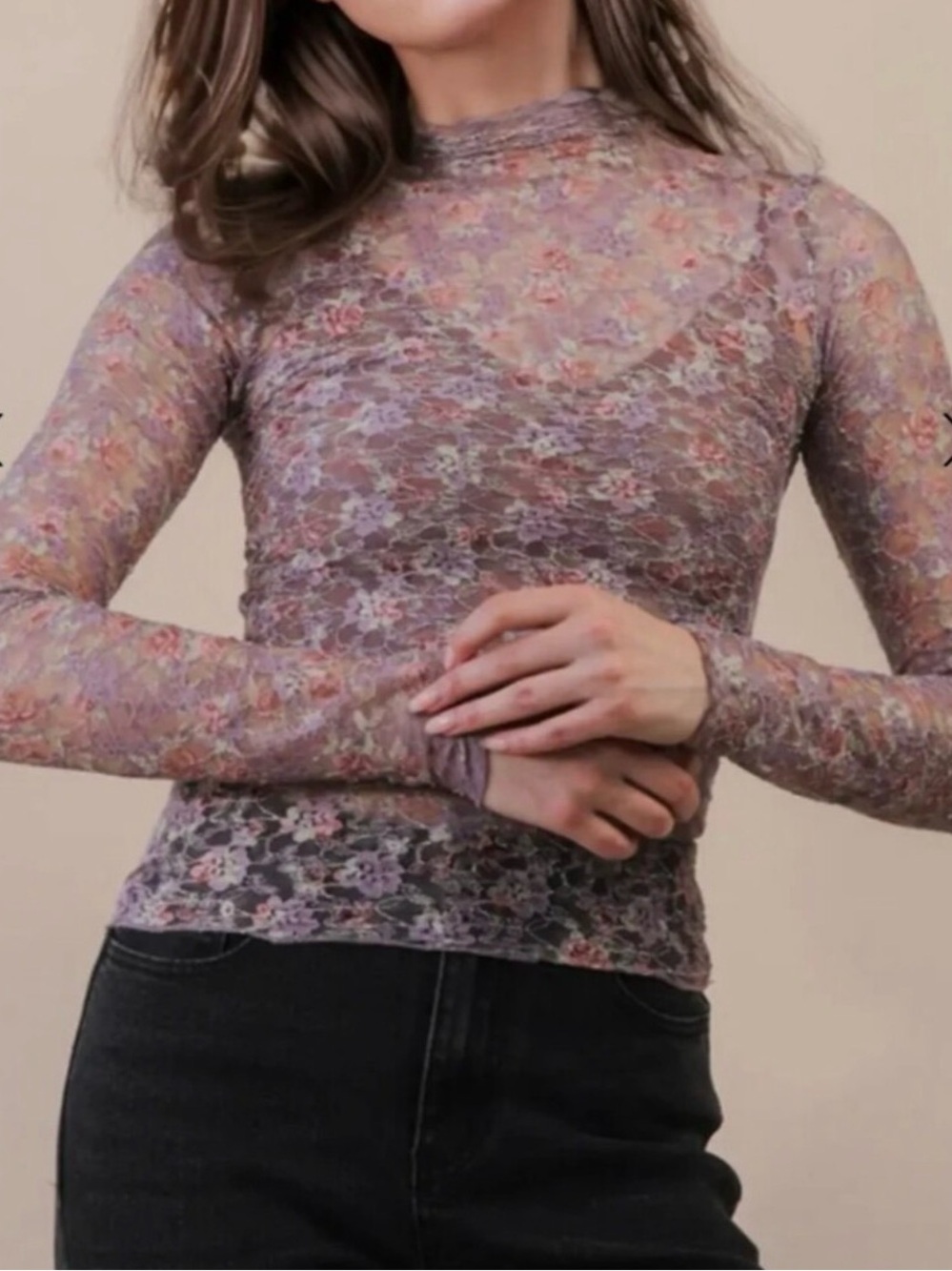 New In Floral Mesh Mock Neck Top Brown Pink Rose Print M